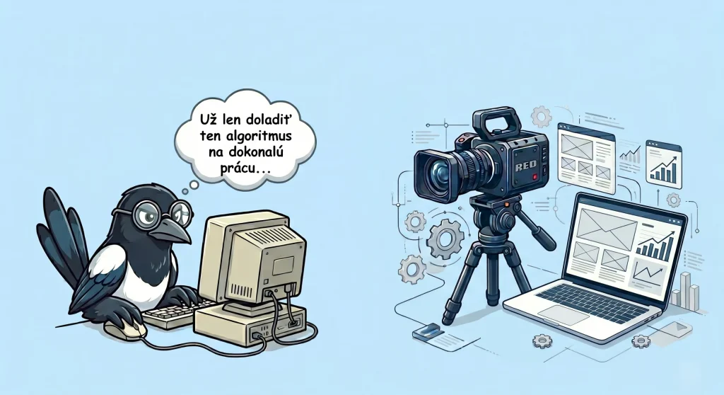 Kreslená straka s okuliarmi pracujúca za počítačom a ilustrácia profesionálnej kamery s notebookom.